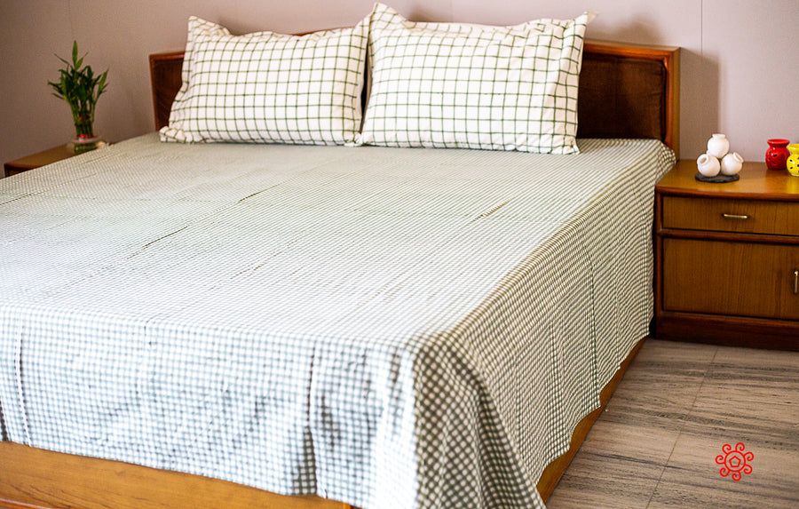 Roysha 2021 Bed Sheet/Flat Sheet/ Bed Linen Queen Size 100% Handmade, Hand Block Printed, Pure Cotton, Check Design, Room Decor Greenish Gray