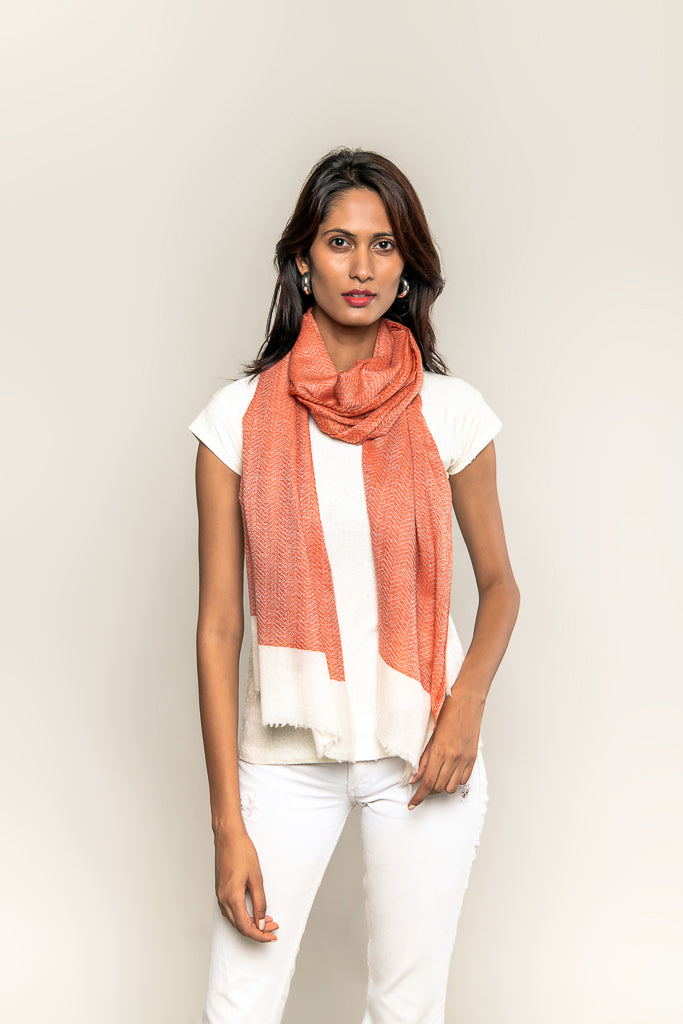 Handmade Pure Blended Pashmina Stole - Shades of Red Ochre and Off White colour
