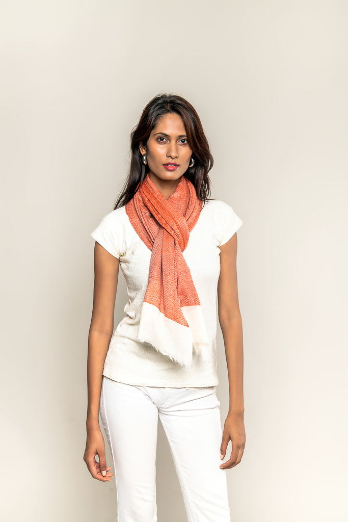 Handmade Pure Blended Pashmina Stole - Shades of Red Ochre and Off White colour