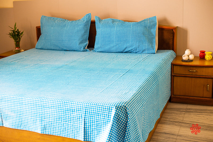 Roysha 2021 Bed Sheet/Flat Sheet/ Bed Linen Queen Size 100% Handmade, Hand Block Printed, Pure Cotton, Check Design, Room Decor Rich Blue
