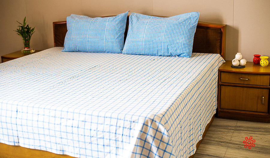Roysha 2021 Bed Sheet/Flat Sheet/ Bed Linen Queen Size 100% Handmade, Hand Block Printed, Pure Cotton, Check Design, Room Decor Soft Blue