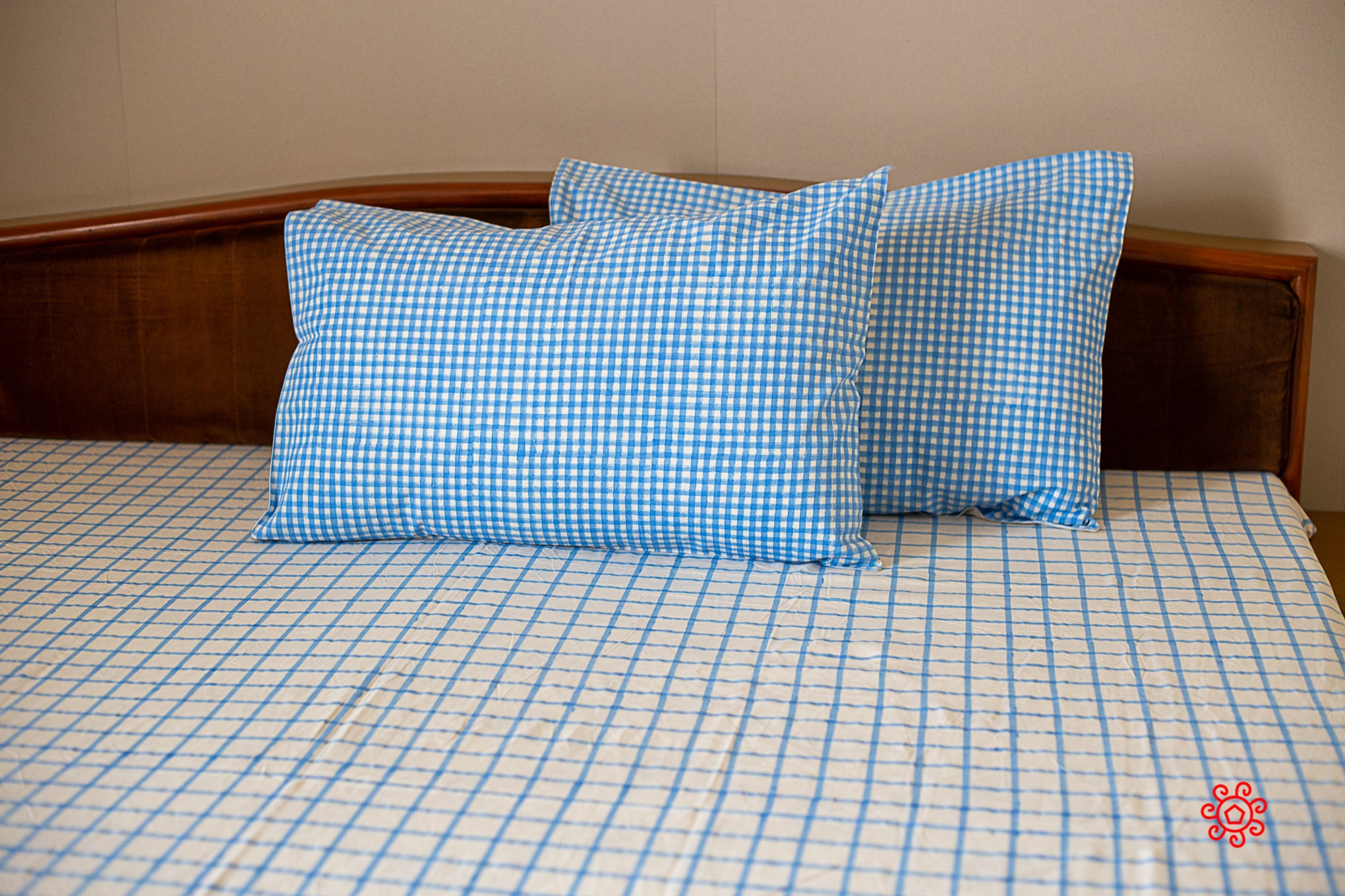 Roysha 2021 Bed Sheet/Flat Sheet/ Bed Linen Queen Size 100% Handmade, Hand Block Printed, Pure Cotton, Check Design, Room Decor Soft Blue