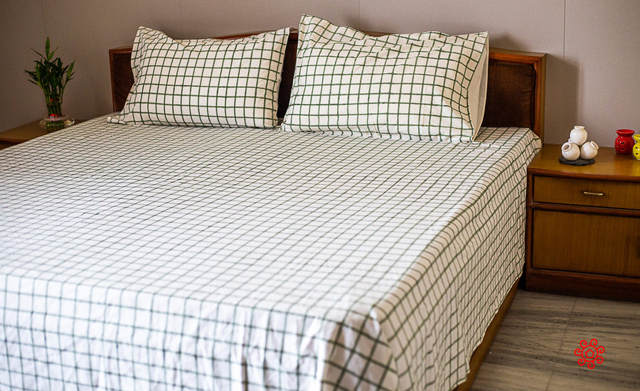 Roysha 2021 Bed Sheet/Flat Sheet/ Bed Linen Queen Size 100% Handmade, Hand Block Printed, Pure Cotton, Check Design, Room Decor Soft Greenish Gray