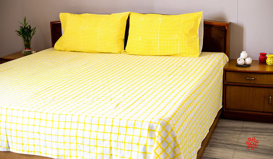 Roysha 2021 Bed Sheet/Flat Sheet/ Bed Linen Queen Size 100% Handmade, Hand Block Printed, Pure Cotton, Check Design, Room Decor Bright Yellow