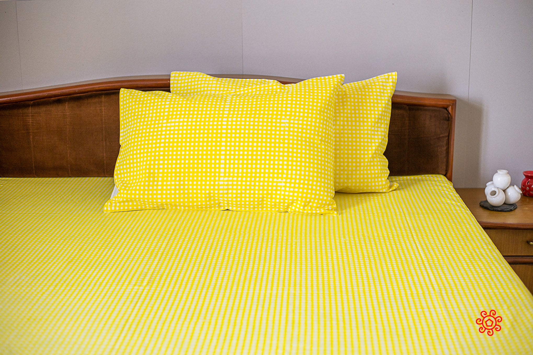 Roysha 2021 Bed Sheet/Flat Sheet/ Bed Linen Queen Size 100% Handmade, Hand Block Printed, Pure Cotton, Check Design, Room Decor Rich Yellow