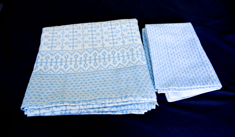 Handmade Block-Printed Bed Sheet with Pillowcases Blue and Off-white color with designs - King Size