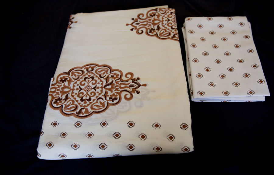 Handmade Block-Printed Bed Sheet with Pillowcases Off white color with designs - King Size