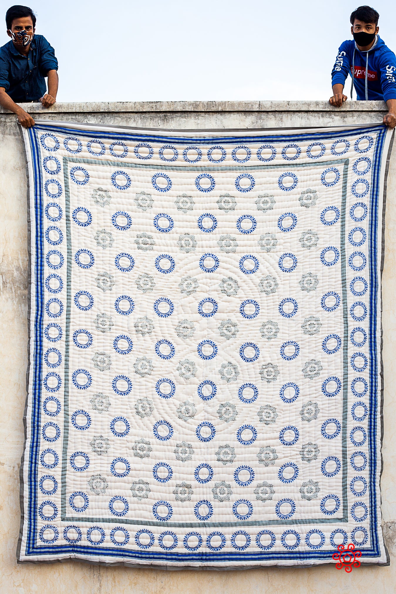 Queen Quilt,100 Percent Handmade, Hand Block printed Quilt, Jaipuri Quilt, Hand Quilted, Natural Cotton filling, Check Gray and Blue QBP 405