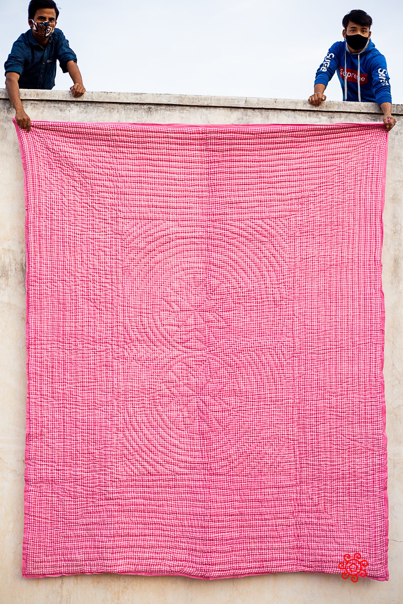 Queen Quilt,100 Percent Handmade, Hand Block printed Quilt, Jaipuri Quilt, Hand Quilted, Natural Cotton filling, Check Carnation Pink QBP 406