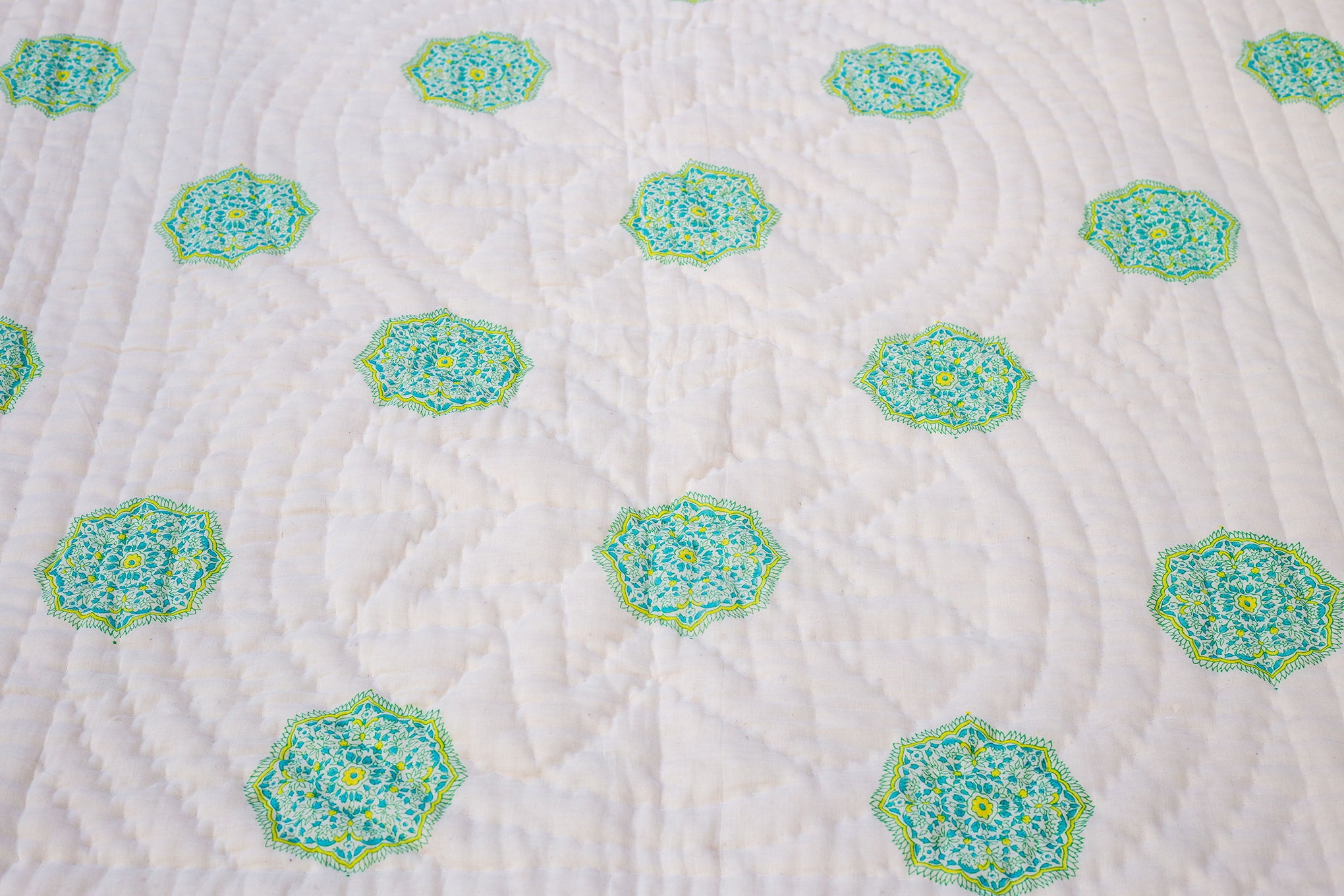 All New Roysha 2021 Queen Quilt Blue Pottery Collection,100 Percent Handmade, Hand Block printed Quilt,  Blue, Yellow & Green