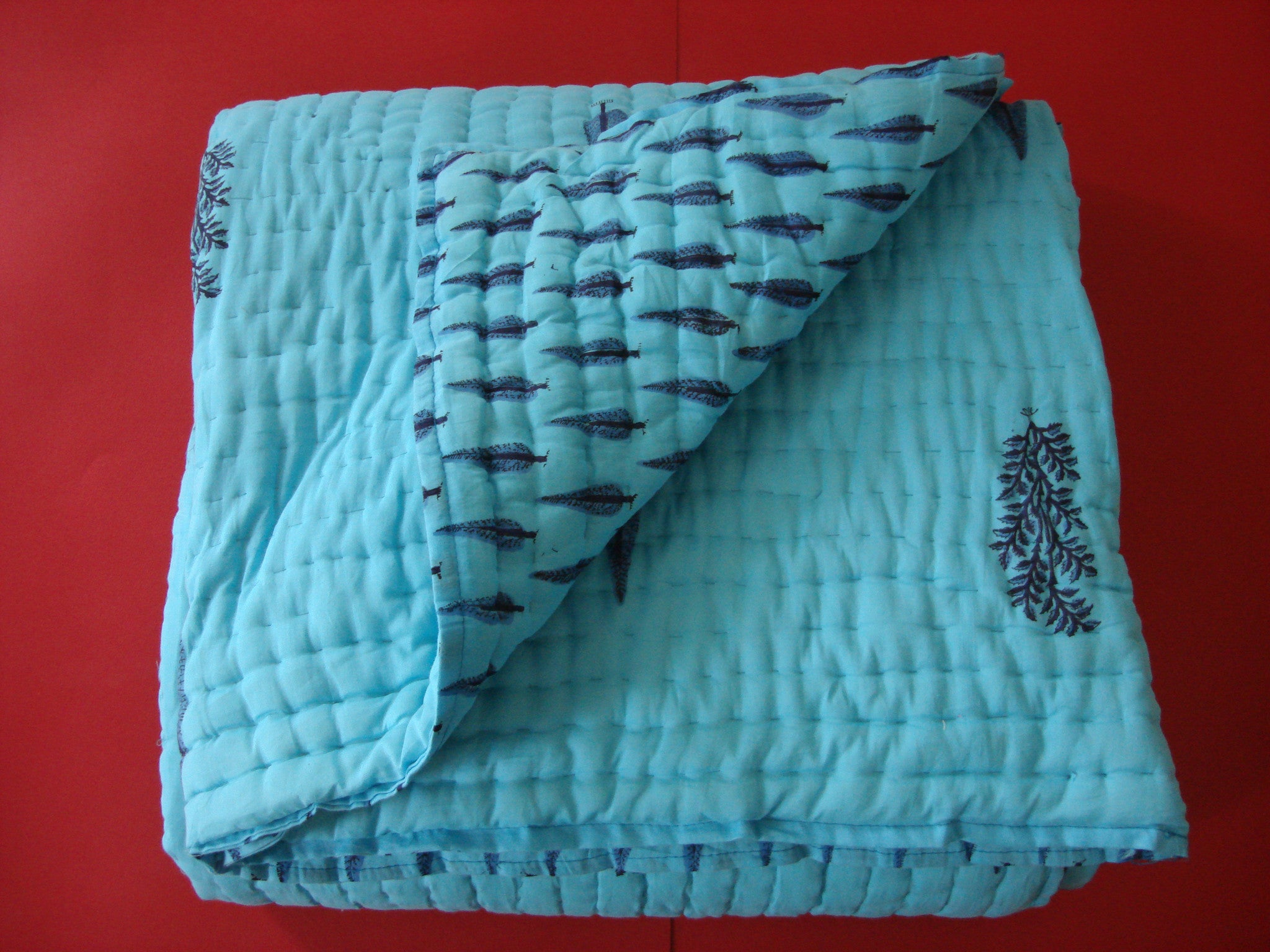 QBP 106 - Handmade, reversible, cotton, block printed quilt in turquoise blue - Pentagon Crafts