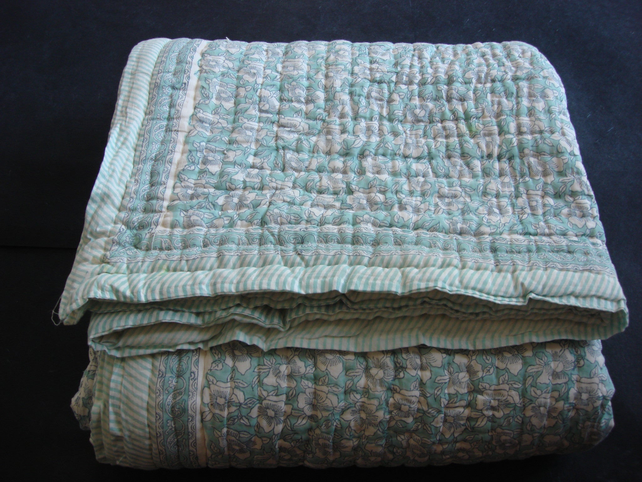 QBP 108 - Handmade, reversible, cotton, block printed quilt in sea green, intricate ethnic design. - Pentagon Crafts