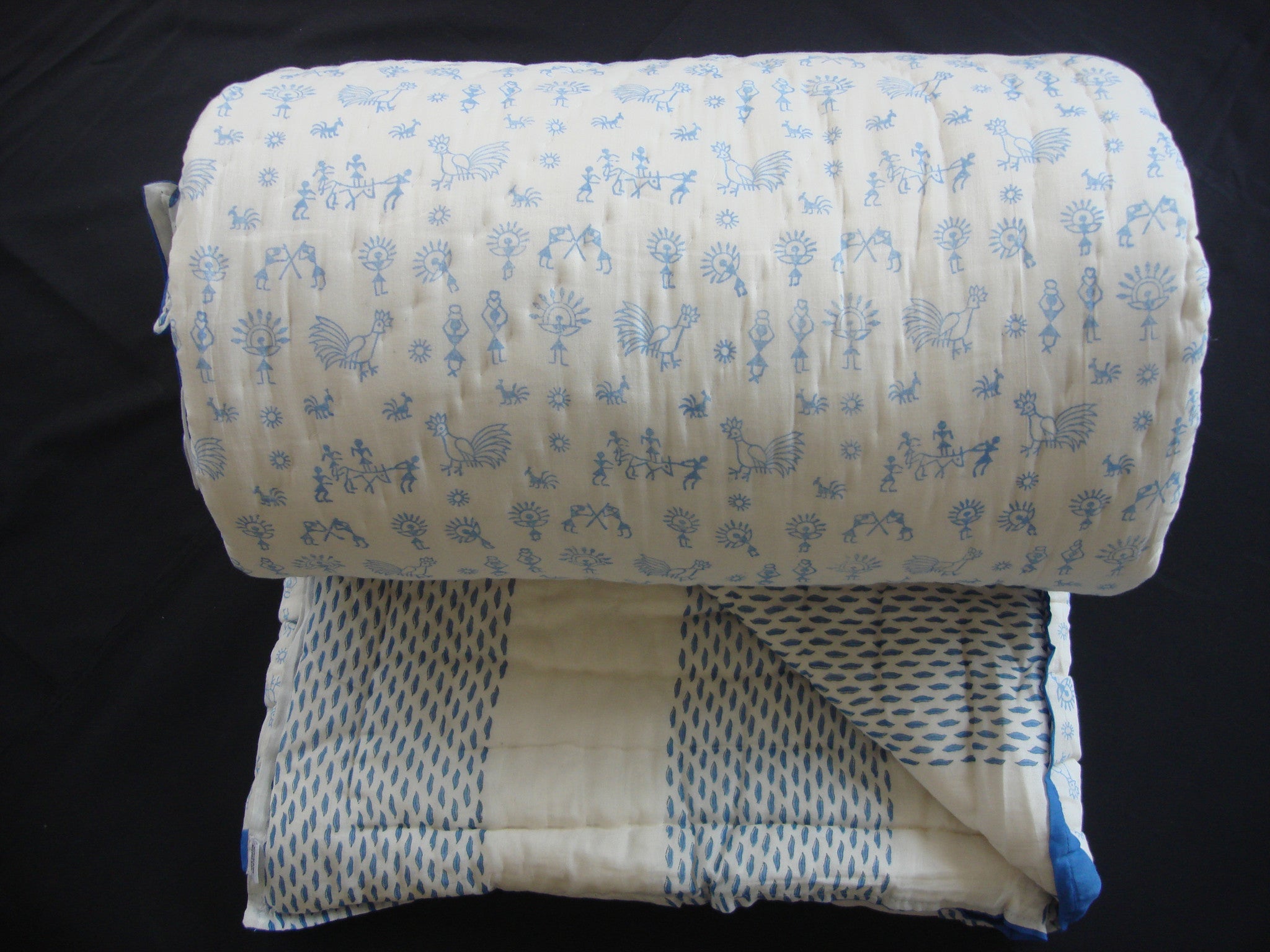 QBP 111 - Handmade, reversible, cotton, block printed quilt in ocean blue, Egyptian design - Pentagon Crafts
