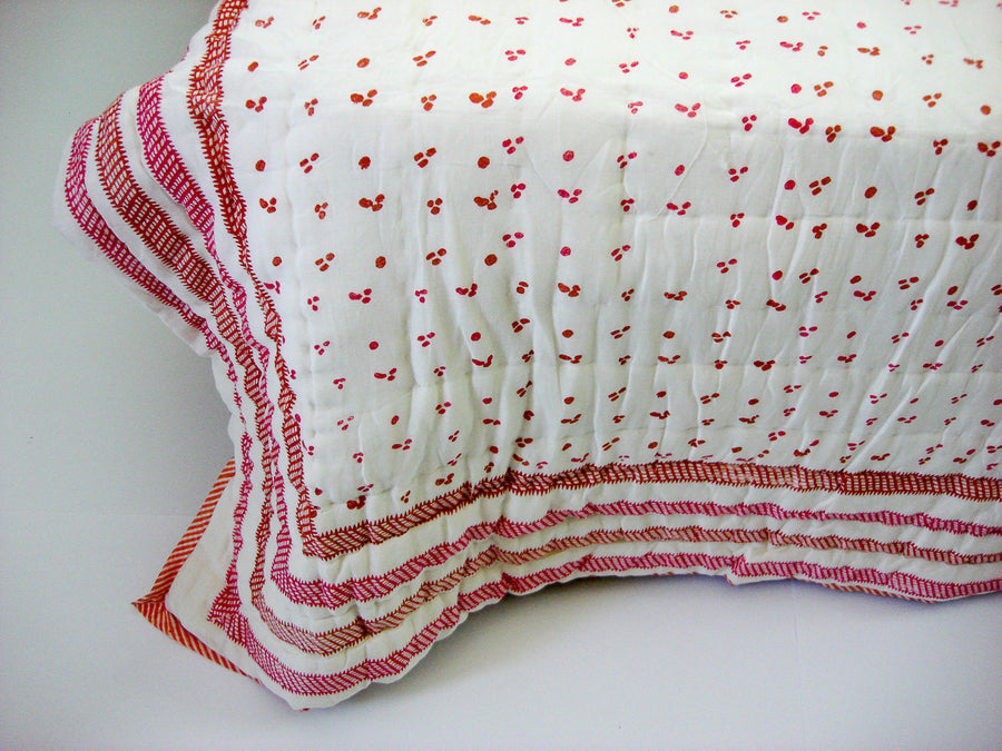 100% Handmade Cotton Quilt - Red & Orange on off White - Pentagon Crafts