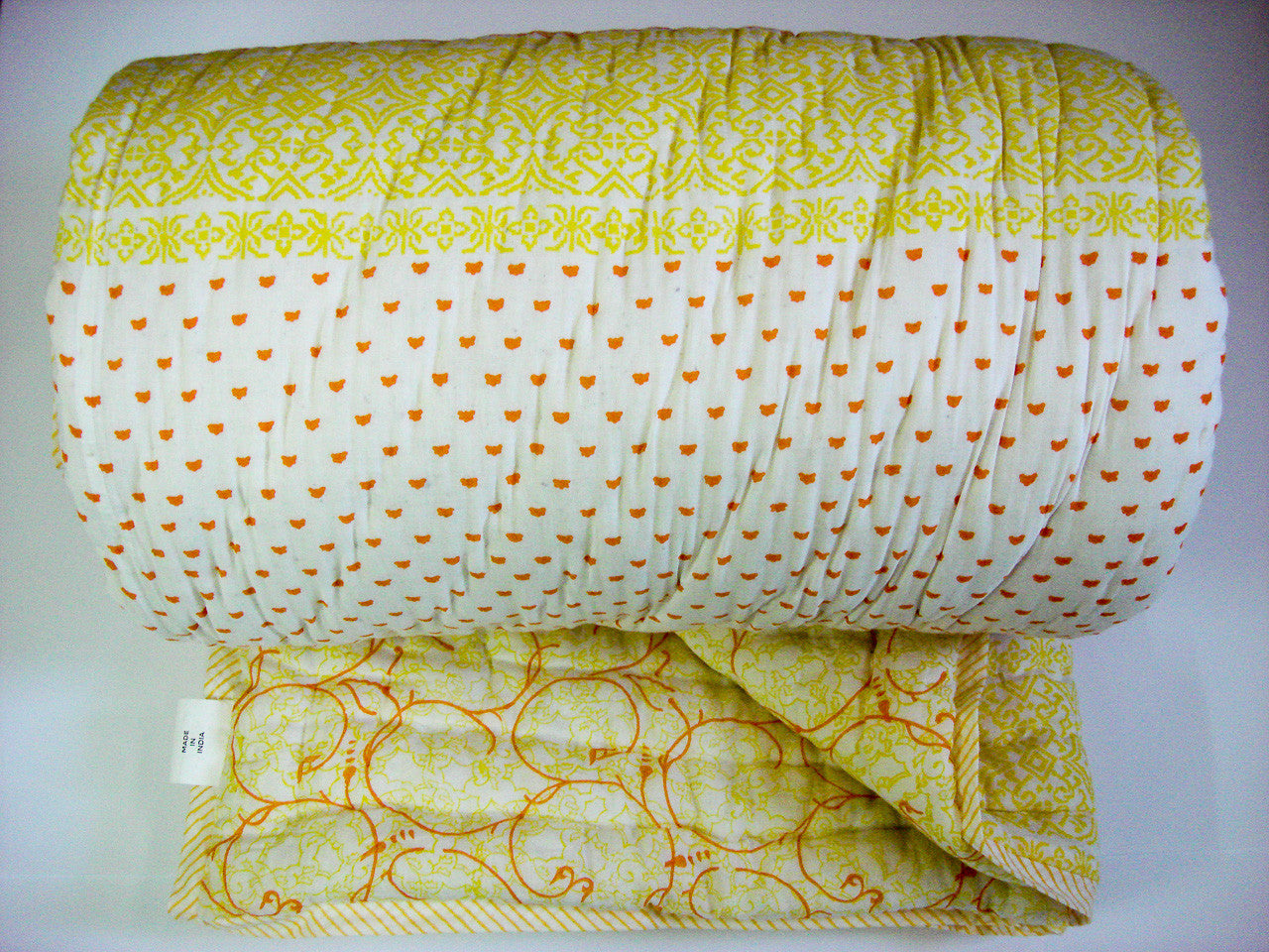 100% Handmade Cotton Queen Quilt - Yellow and Orange Prints - Pentagon Crafts