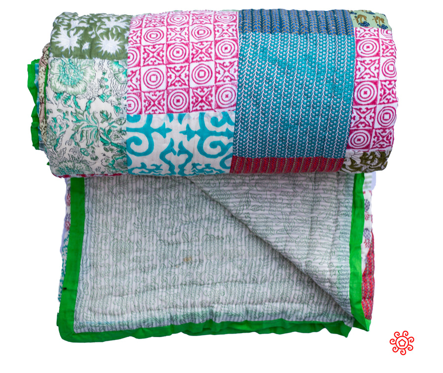 Roysha 2022 Patchwork Queen Quilt , Handmade, Hand Block printed Quilt, Jaipuri Quilt, Hand Quilted, Colourful Patchwork, QPW-331